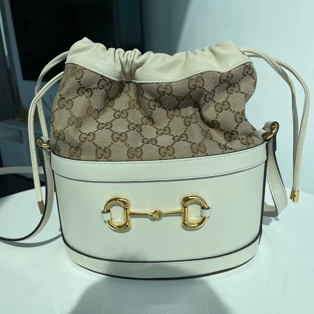 GUCCI 1955 Horsebit Bucket Bag white canvas leather